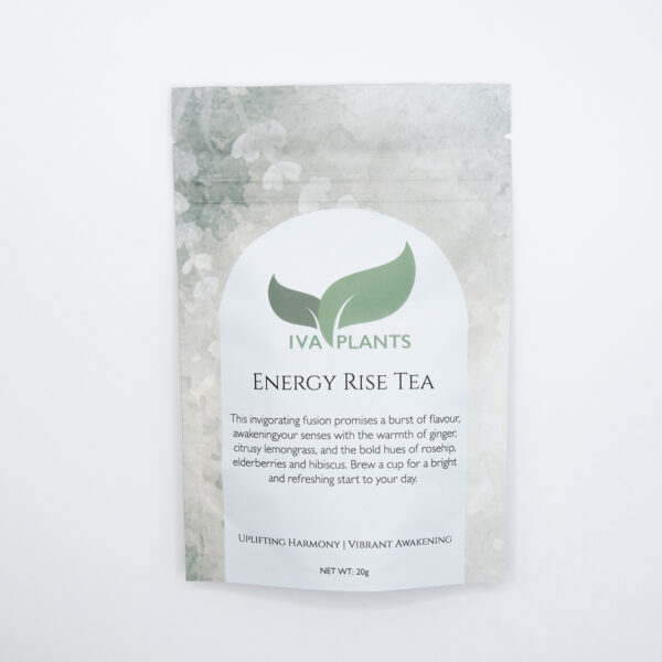 IVA Plants Energy Rise Tea with ginger, lemongrass, and berry blend in eco-friendly packaging