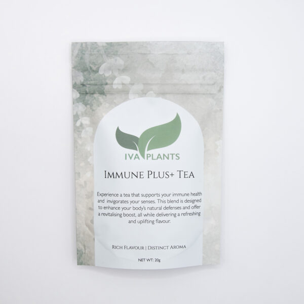 IVA Plants Immune Plus+ Tea with echinacea, elderberries, orange peel, and lemon verbena in eco-friendly packaging