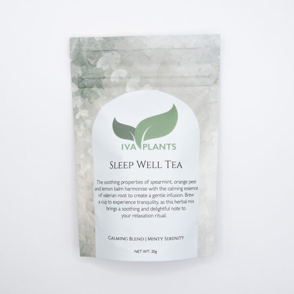 IVA Plants Sleep Well Tea with lemon balm, spearmint, and valerian root in eco-friendly packaging