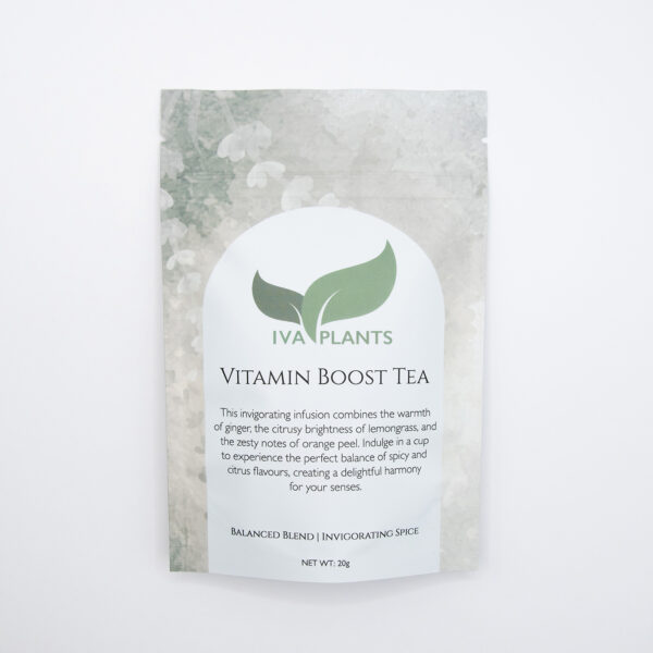 IVA Plants Vitamin Boost Tea with lemongrass, ginger, and orange peel in eco-friendly packaging