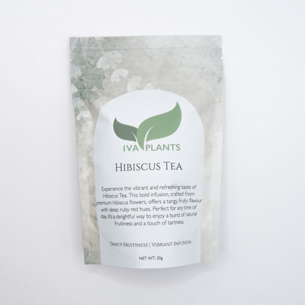 IVA Plants Hibiscus Tea in eco-friendly packaging, vibrant herbal tea with a tart flavour