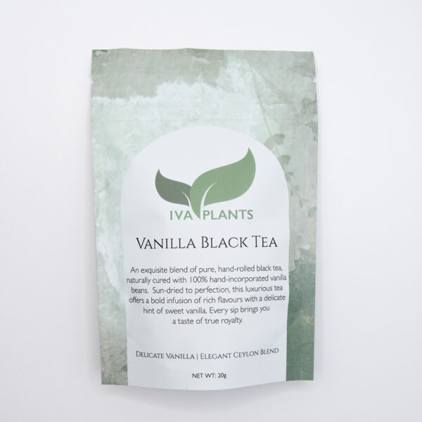 Loose leaf Black Vanilla Ceylon Tea in eco-friendly packaging from IVA Plants