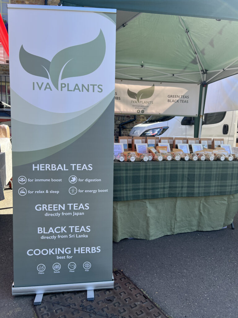 IVA Plants stall at Chiswick Food Market, offering herbal, Japanese green, and black Ceylon teas