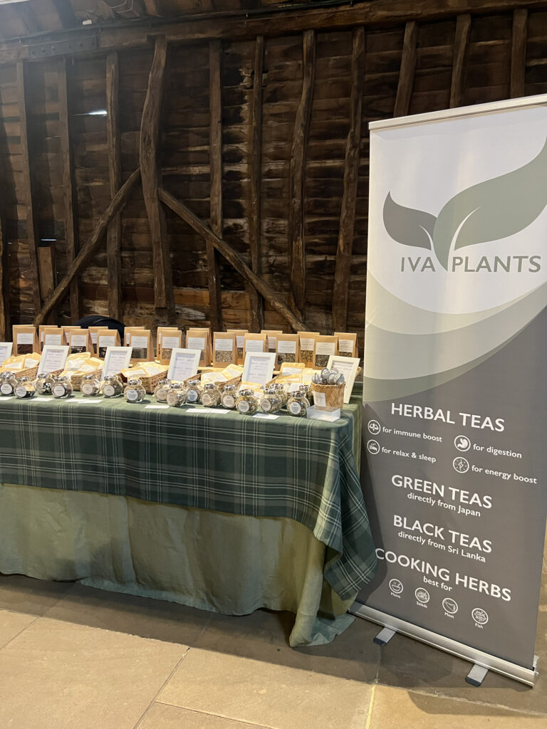 IVA Plants stall at Duck Pond Market, Ruislip Barn, featuring herbal, Japanese green, and black Ceylon tea