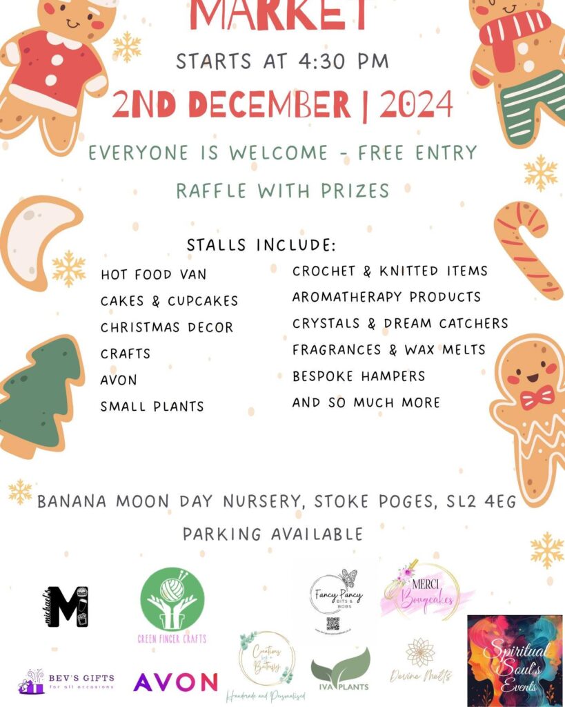 IVA Plants Christmas Market Poster – Presenting Herbal Teas on 2 December 2024 at Banana Moon Stoke Poges Nursery Christmas Market, starting 4:30pm