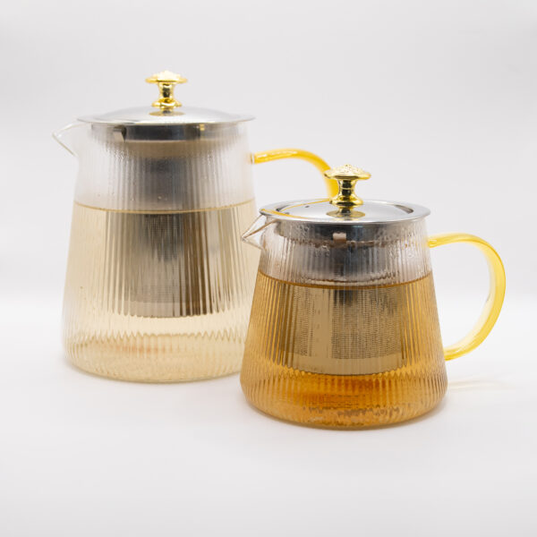 Transparent borosilicate glass teapot by IVA Plants, 1-litre and 500ml capacity, with a stainless steel filter, perfect for brewing loose-leaf tea.